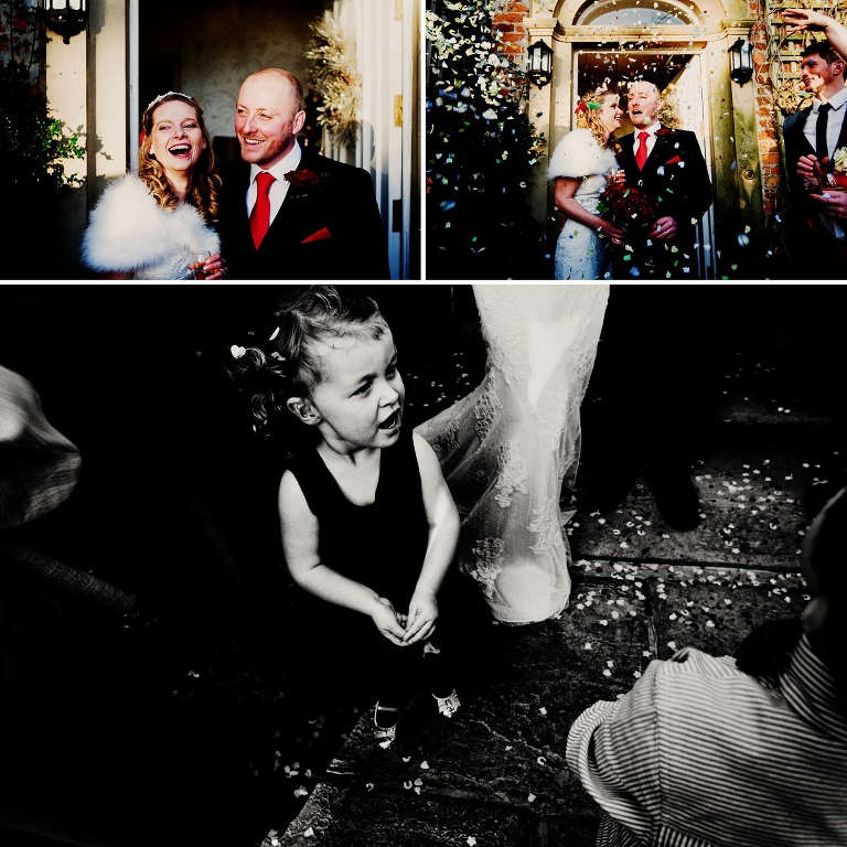 Confetti throwing at a winter wedding