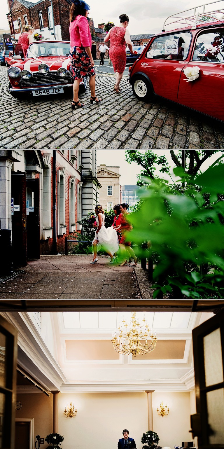 Bride arriving at Stockport registry office to get married in mini cars hired from North Manchester Classic Mini Club
