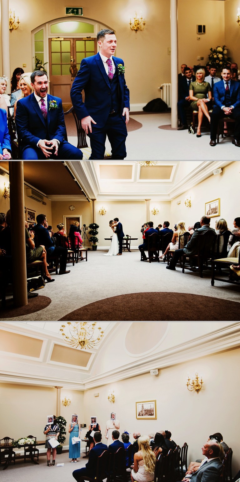Bride and groom with registrar in Stockport town hall