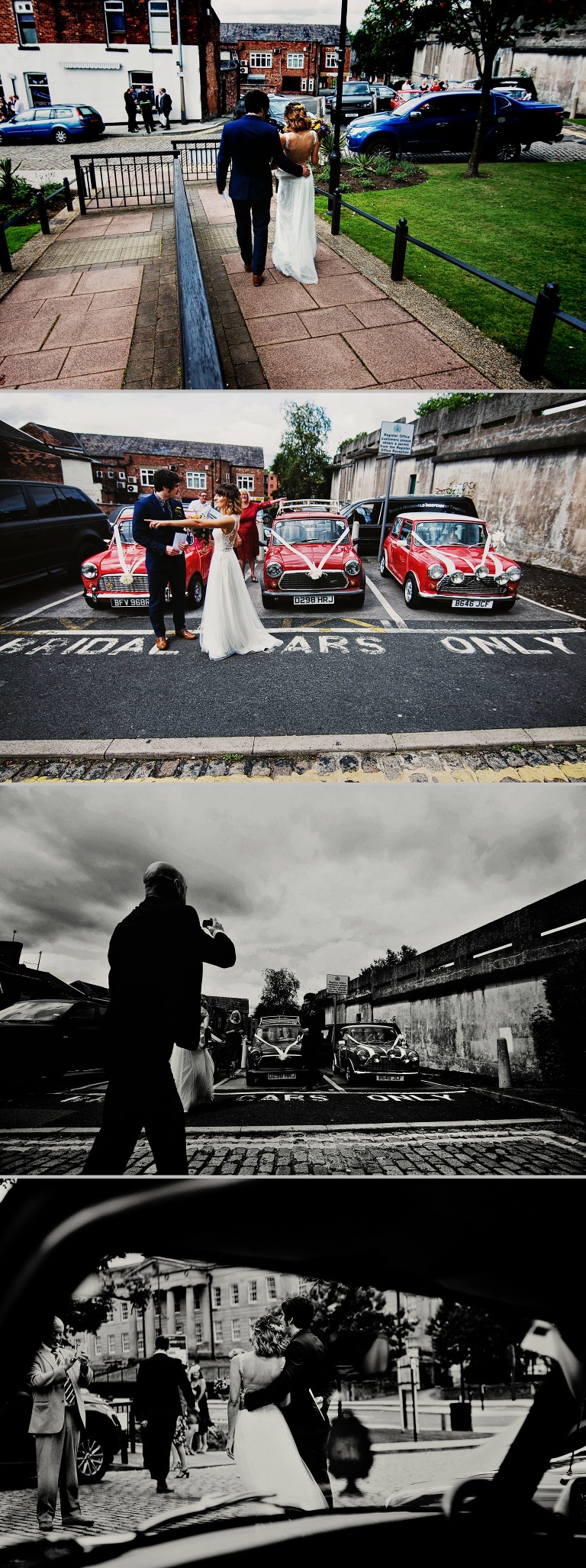 Three red wedding mini cooper cars outside the registry office in Stockport