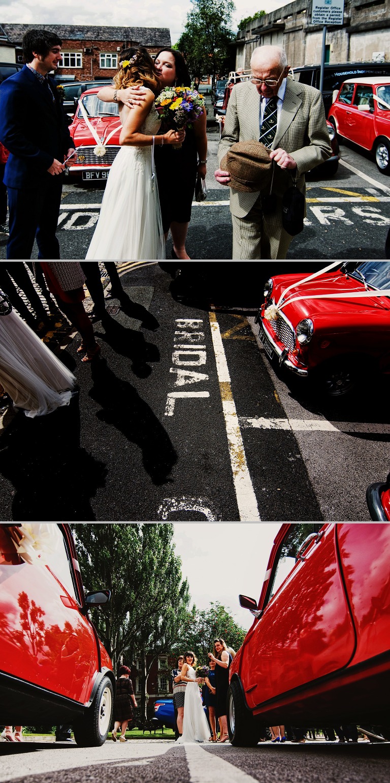 Mini cooper with festival bride in Manchester
