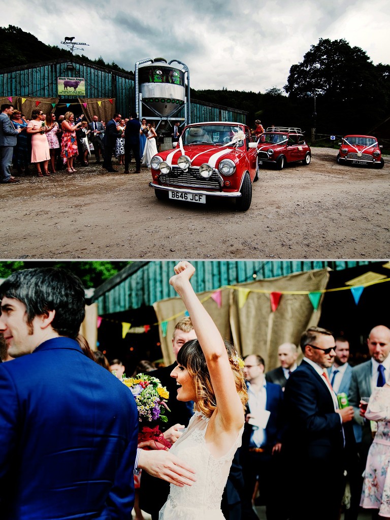 Mini cooper convoy arriving at a Whitebottom farm wedding