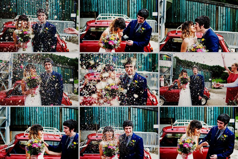 A collage of a huge confetti celebration at a festival wedding on Whitebottom Farm, home of the Blackthorn Music Festival