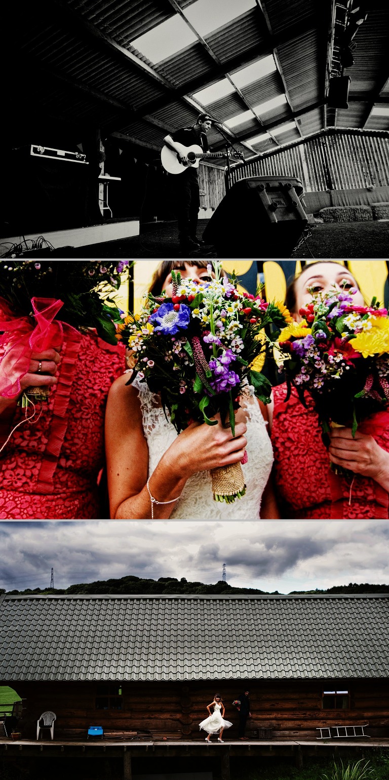 Bridesmaids alongside bride with amazing colorful bouquets