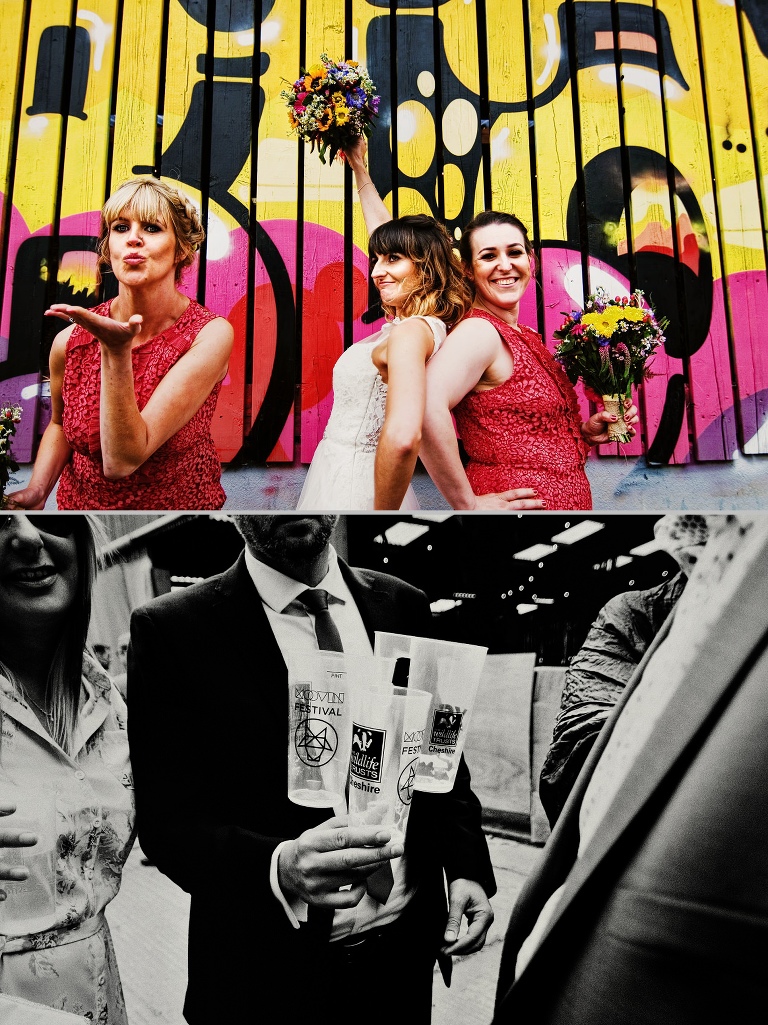Bride with her bridesmaids at the a colourful festival fun wedding in Etherow Country Park and Whitebottom Farm