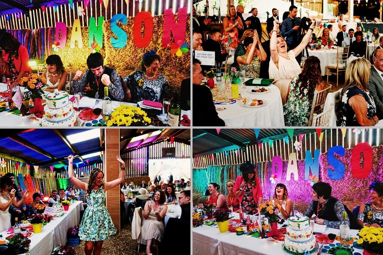 Colourful barn decor at a festival wedding whilst the speeches were happening