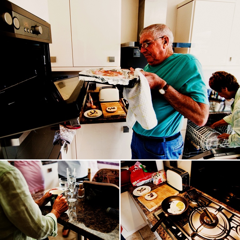 Eggs and bacon being cooked by the father of the bride on a relxed and fun wedding in Lancashire