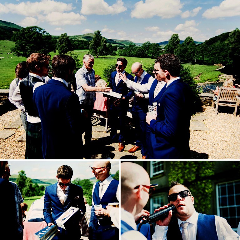 Groom with family and ushers outside in the beer garden at The Inn at whitewell