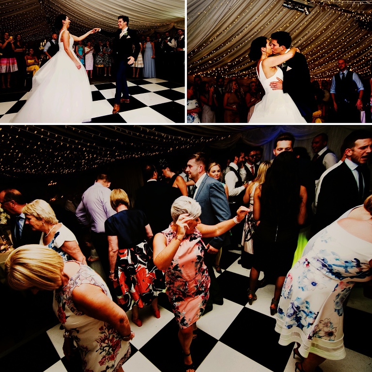 Bride and groom on first dance in marque at the inn at whitewelll