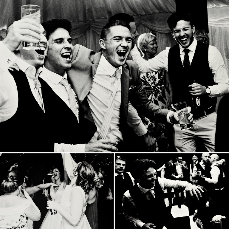 black and white photographs of groom and friends celebrating at pub inn at whitewell