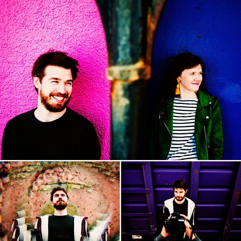 Colourful backdrops in pink and blue outside Blackpool pleasure beach.