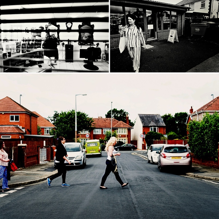 Bride and bridesmaids walking through Cleveleys to get ready for her wedding.