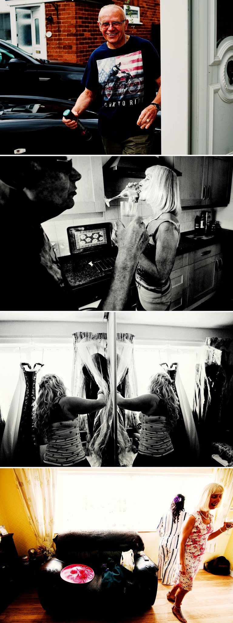 The brides parents drinking champagne in their kitchen.