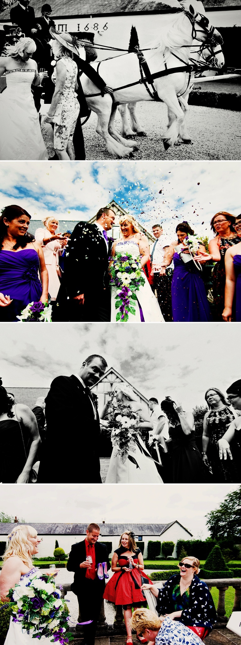 A happy purple wedding with horse drawn carriage at The Great Hall at Mains.