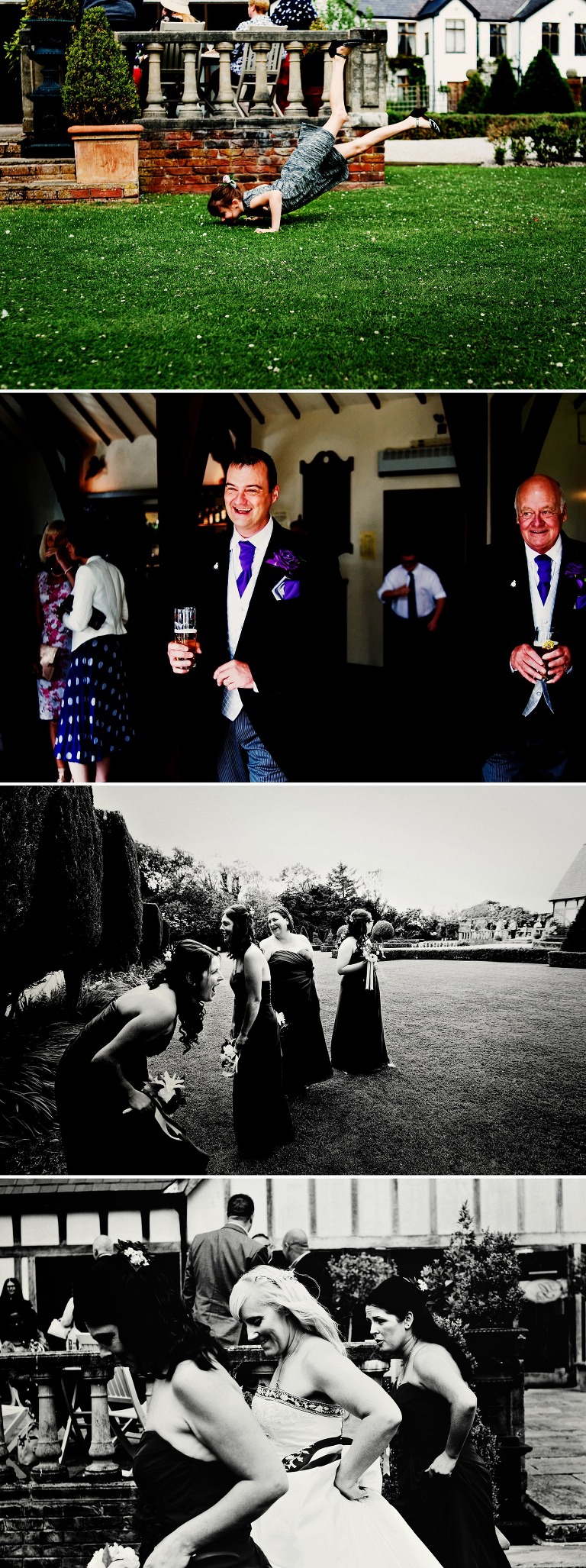 Groom and father of the groom alongside the bridesmaids at a mains hall wedding.