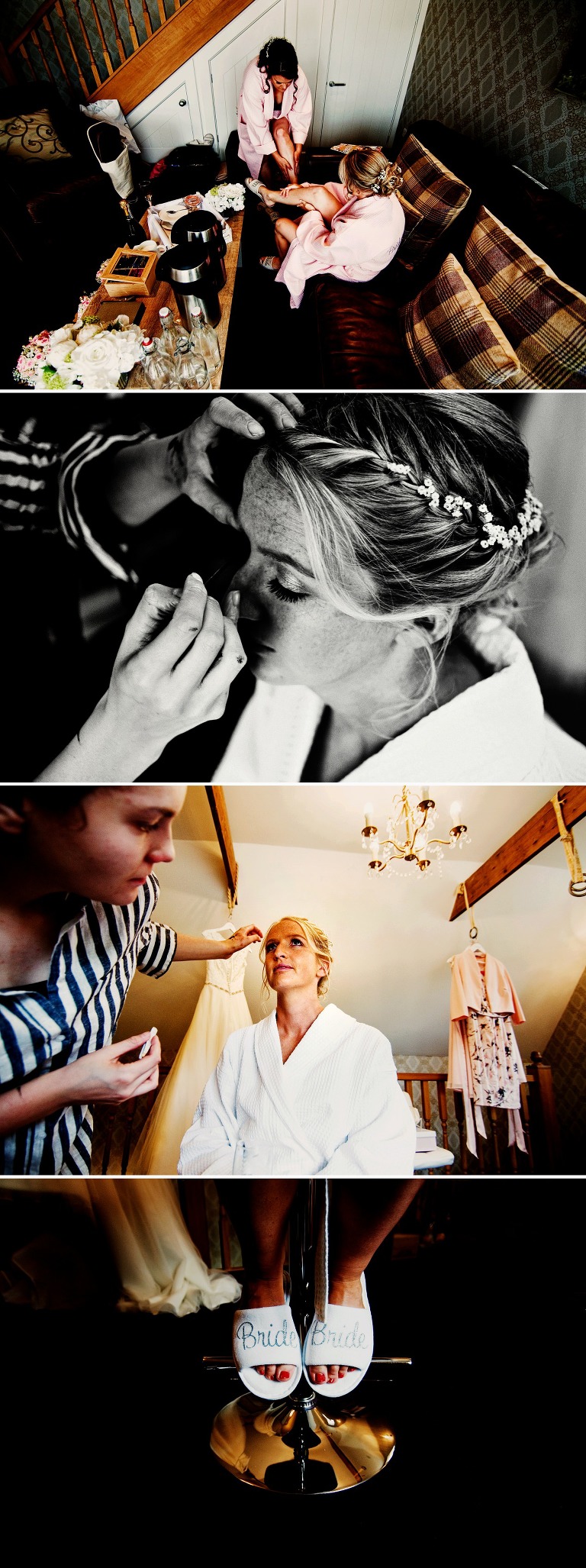 Bride in dressing gown the boudoir at basmmead barns