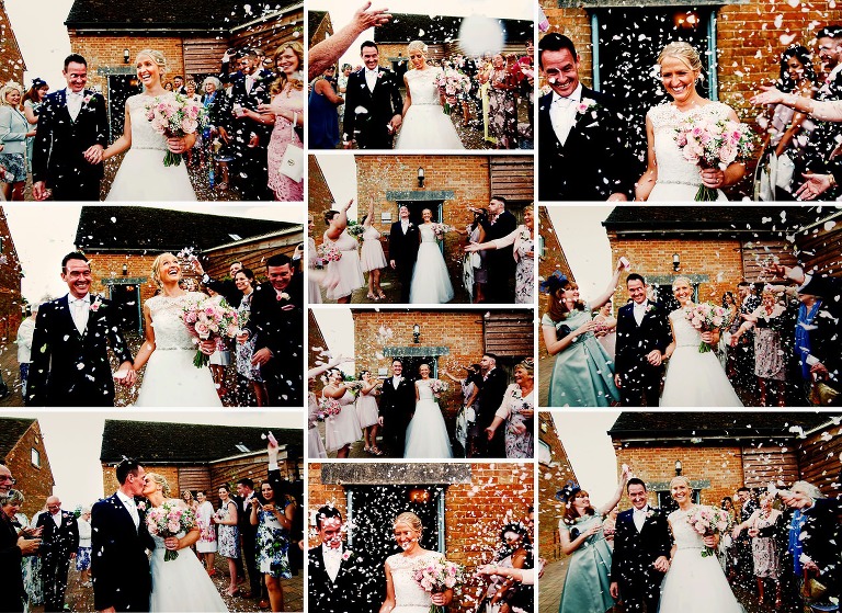 Amazing and colorful confetti photographs outside the rickety barn at bassmead manor barns in st neots