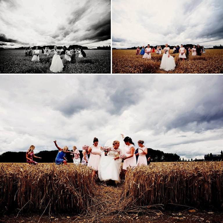 Bride and bridemaids in the barley fields at bassmead manor barns st neots