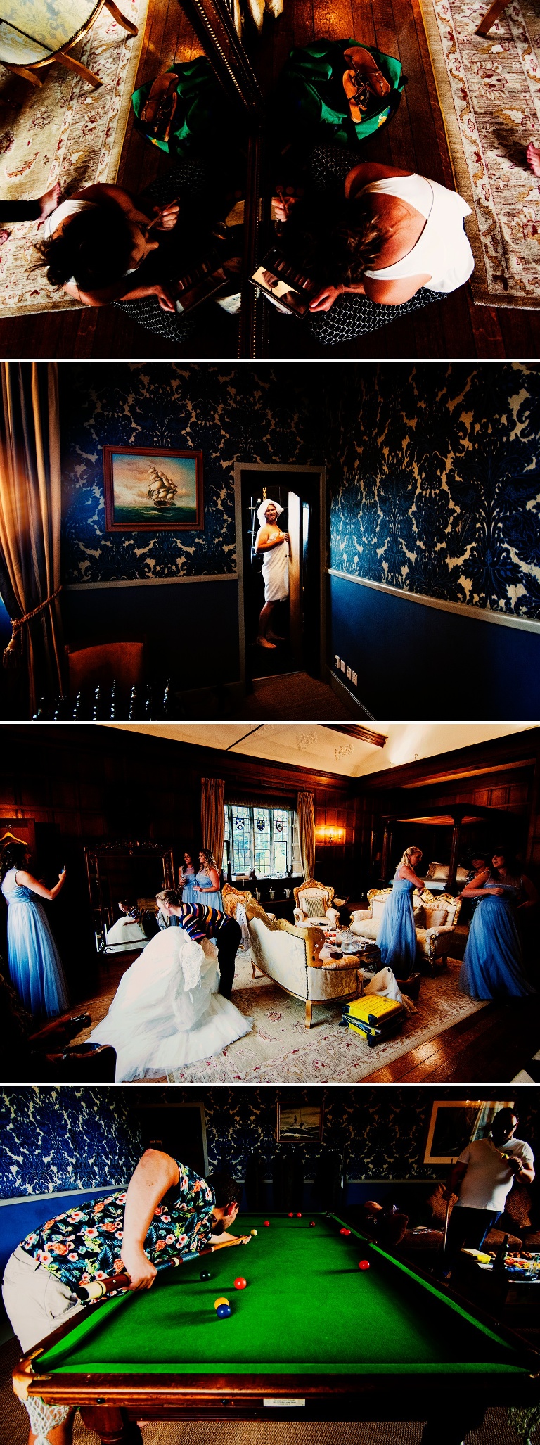 Bridal prep and groomsmen getting ready in the blue room at Hengrave Hall in Suffolk.