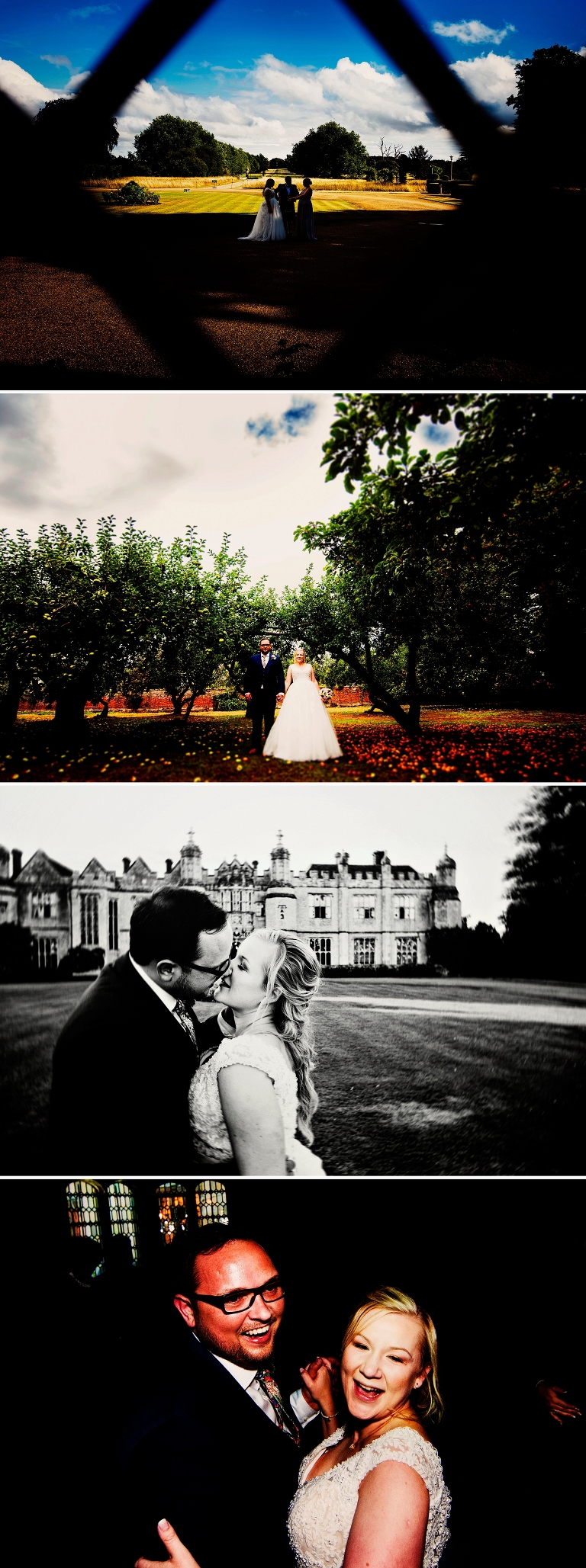 A black and white portrait of a bride and groom in front of the tudor mansion, hengrave Hall plus standing in the orchard.