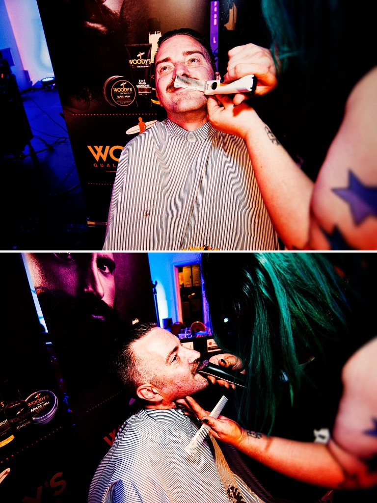 Jony Smith having his moustache shaved off for charity at the bbmc in Blackpool 2018