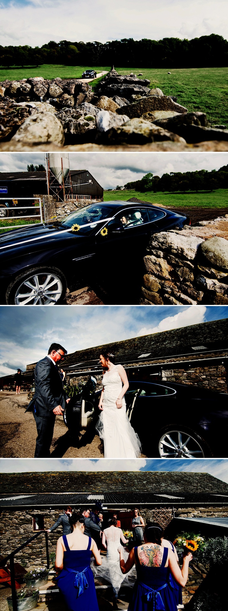 bride arriving with her dad in a sunflower inspired car.