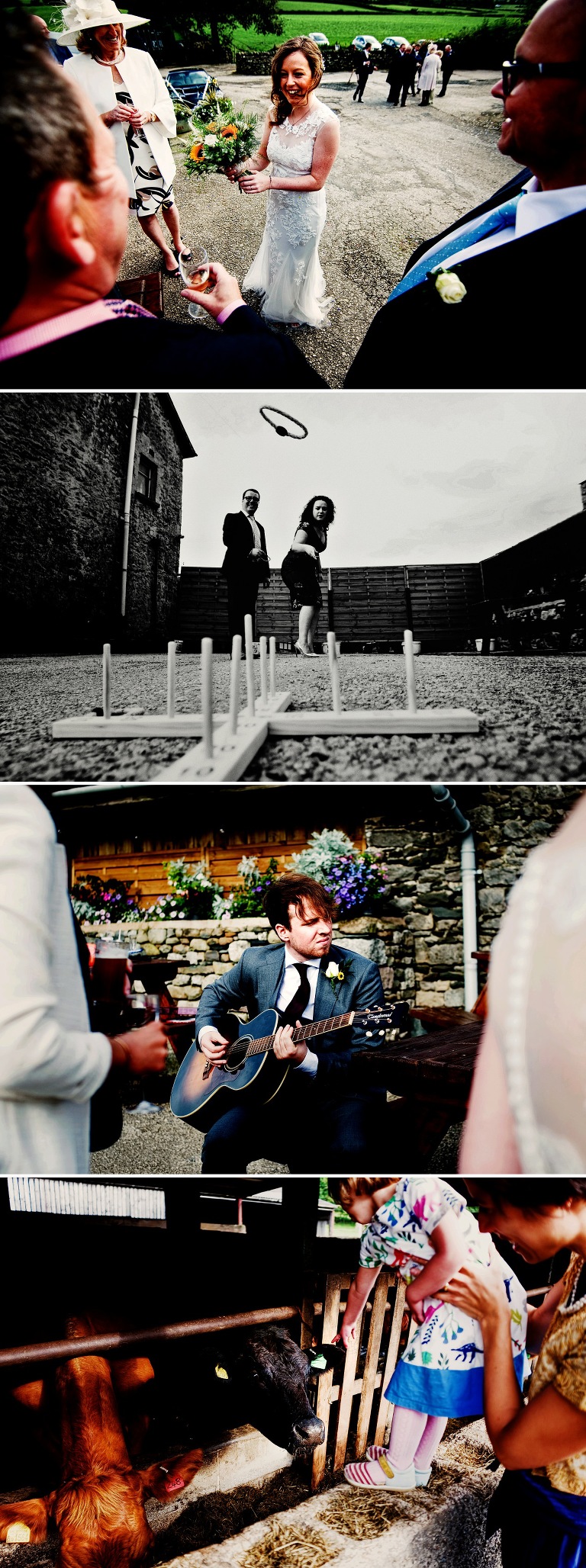 Brother of bride playing guitar at park house barn.