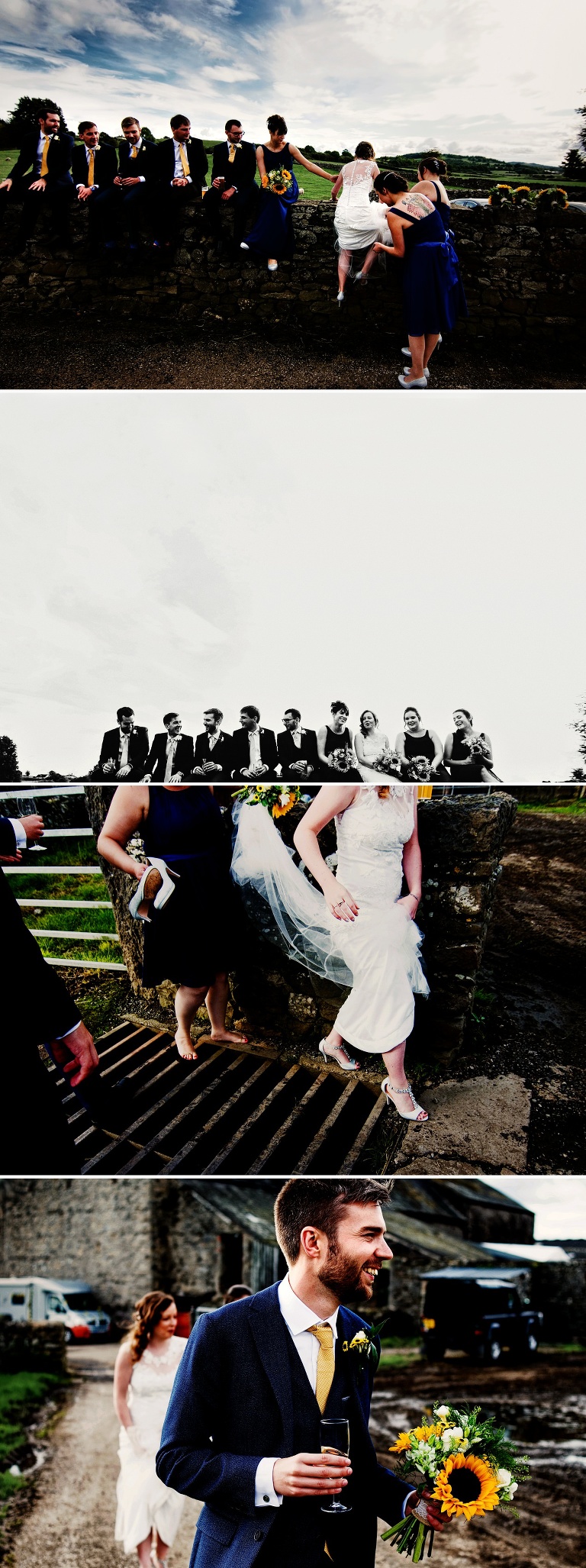 Bride and groom with wedding party sat on the farm wall at park house barn.