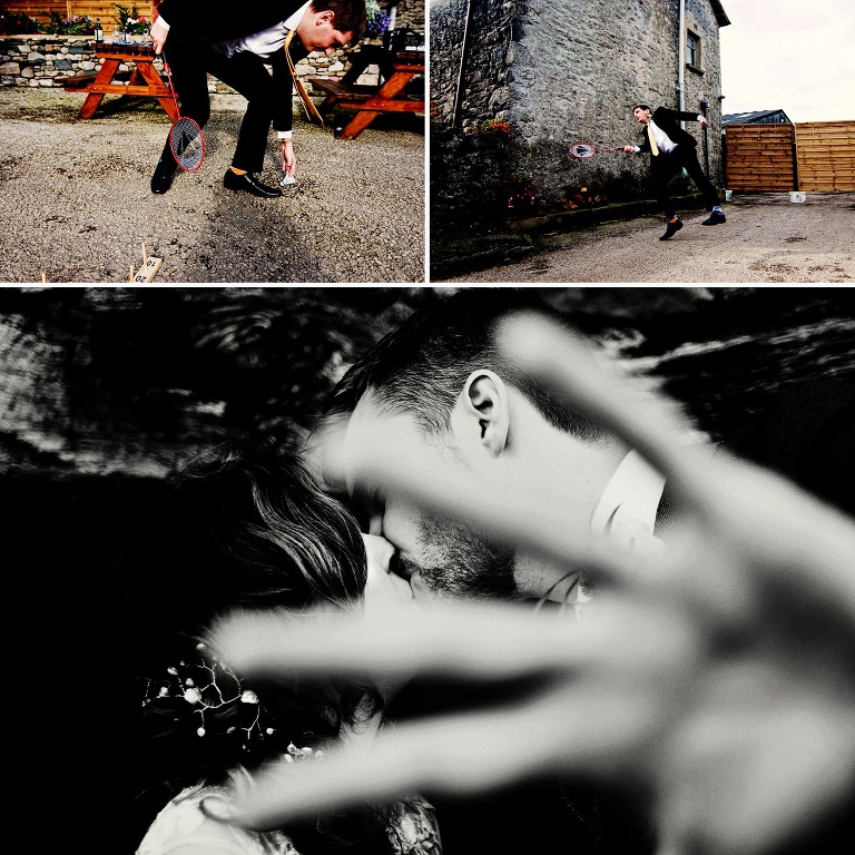 Badminton games at this relaxed rustic sunflower wedding in the lake district.