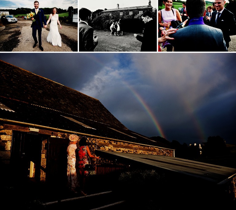 A double rainbow above a park house barn wedding in the lake district.