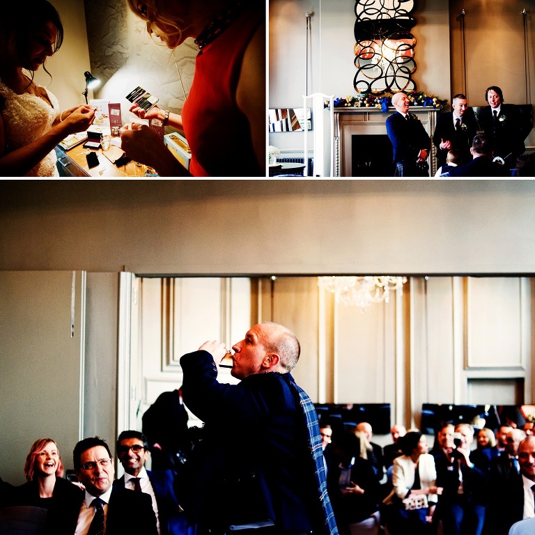 Scottish kilt wearing groom drinking from hip flask before he gets married.