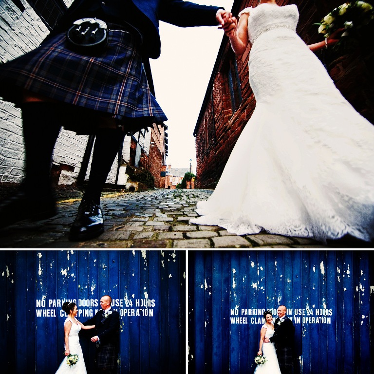 Groom wearing kilt in Chester.