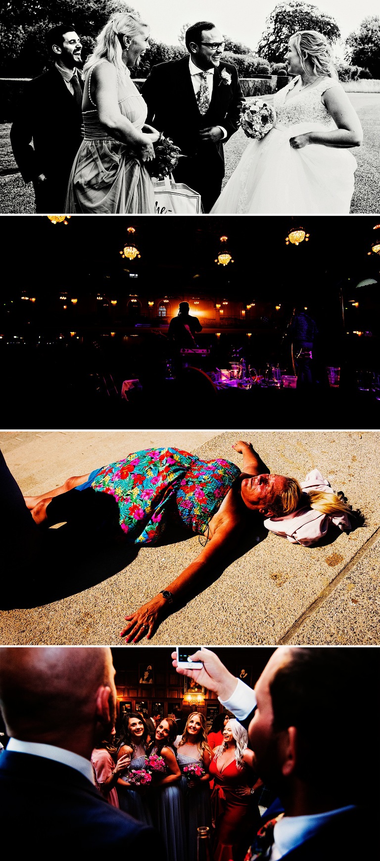 Bridesmaids and guests posing at Hengrave Hall in Suffolk.