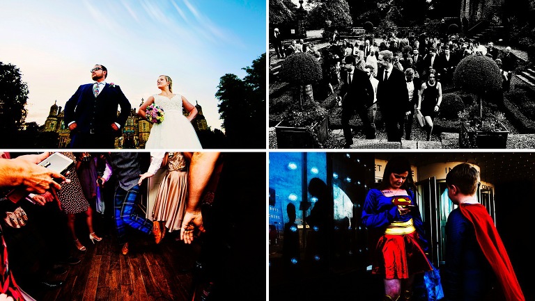 Super hero poses at a suffolk wedding.