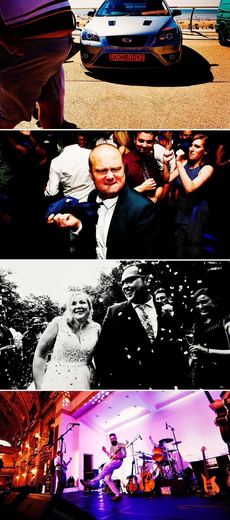 Lead singer of We Are Troubadour playing guitar on stage at The Empress Ballroom, Winter Gardens in Blackpool.