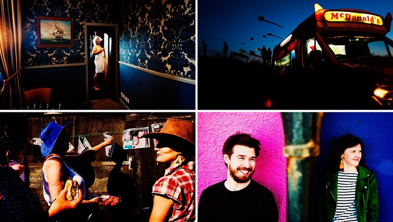 Colouful pink and blue walls with couple on their pre-wedding session in Blackpool, Lancashire.