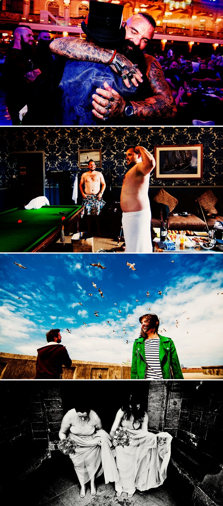 Two bridesmaids sorting their dresses ready for the rain in Suffolk.