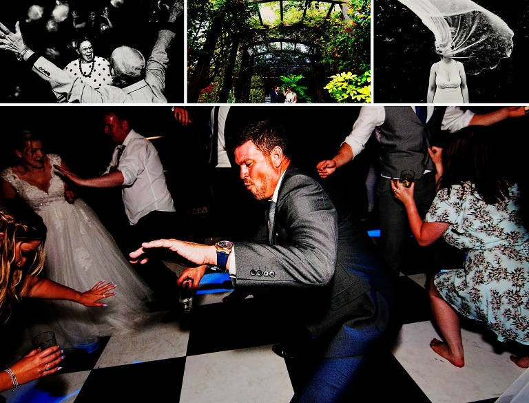 Brides veil blowing across her face in black and white capture.