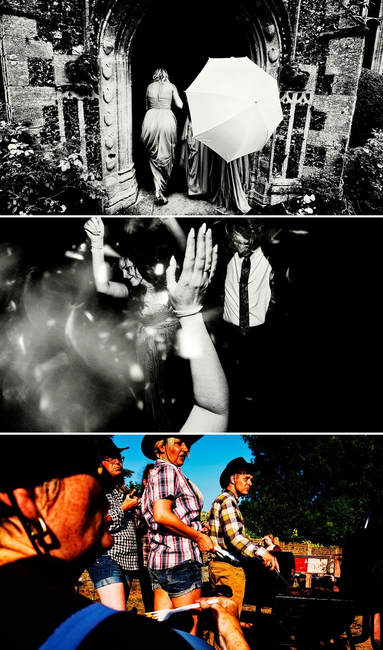 Umbrellas required at a wet and windy Hengrave Hall Wedding.