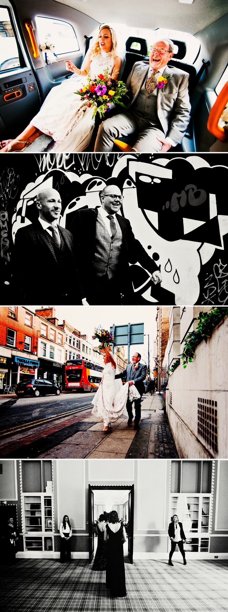 Black cab with bride and her Dad travelling through Manchester city centre.