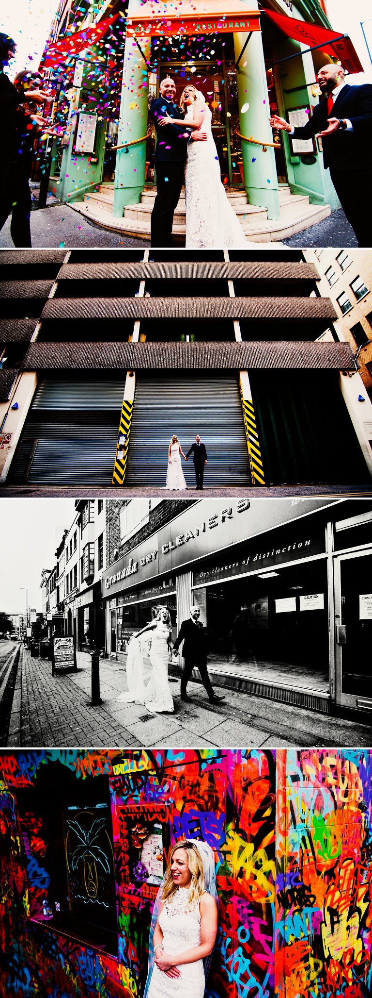 Multi-coloured confetti being thrown over bride and groom outside San Carlo in Manchester