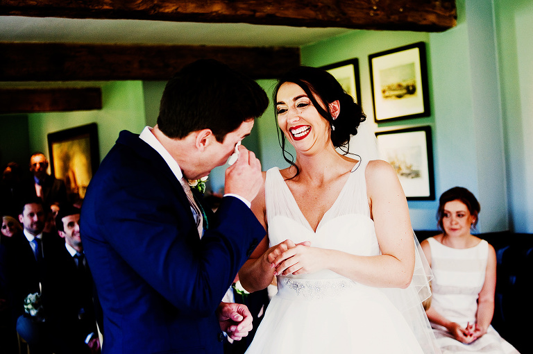 Bride and groom enjoying their unplugged wedding at The Inn At Whitewell.