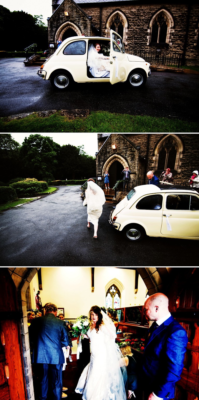 Fiat 500 cream coloured wedding car.