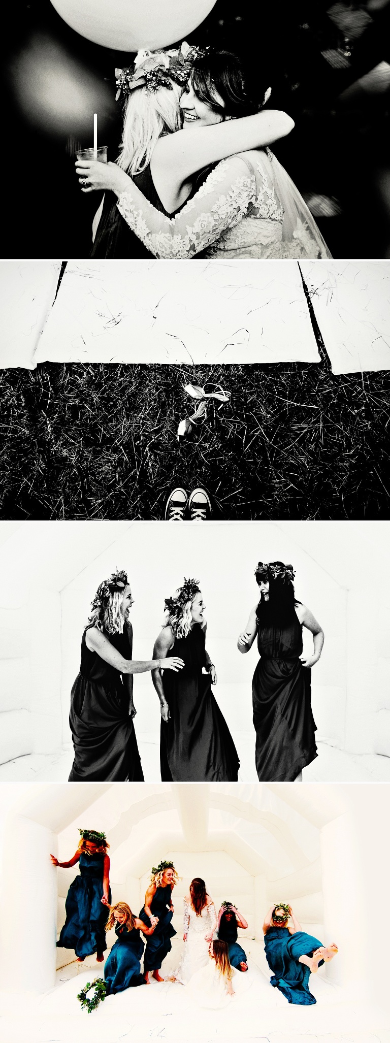 Bridesmaids on a white wedding bouncy castle.