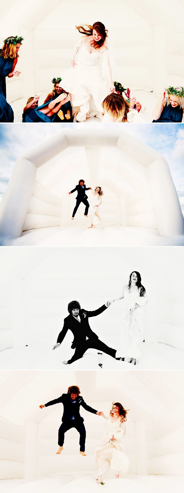 Bride and groom jumping on a white bouncy castle at their outdoor wedding.