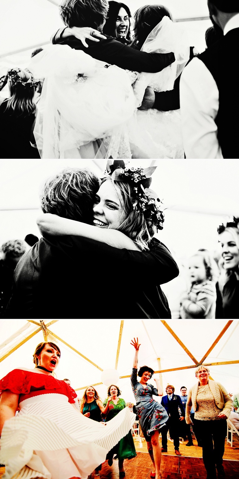 Ceilidh dancing at a geodome wedding.