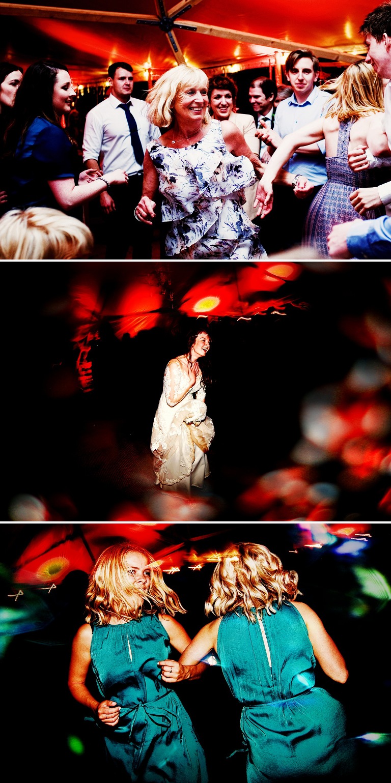 Bridemaids dancing at a festival outdoor wedding.