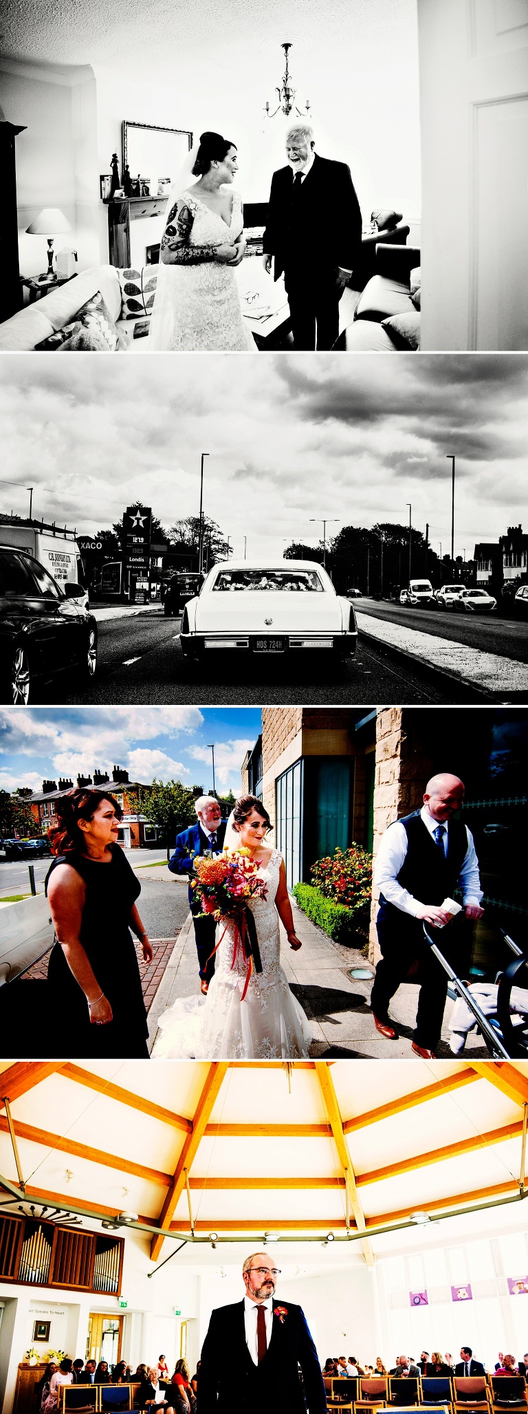 Bride travelling in white wedding cadillac from John Boardman cars.