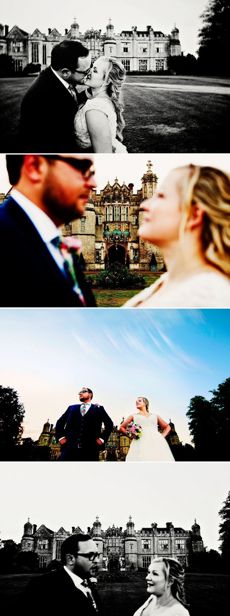 Bride and groom portrait photos in front of hengarve hall in suffolk.