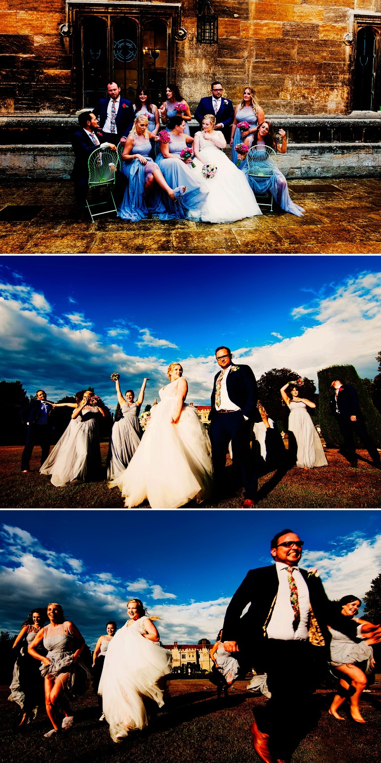 Wedding party with blue skies at suffolks premier wedding venue, Hengrave Hall.